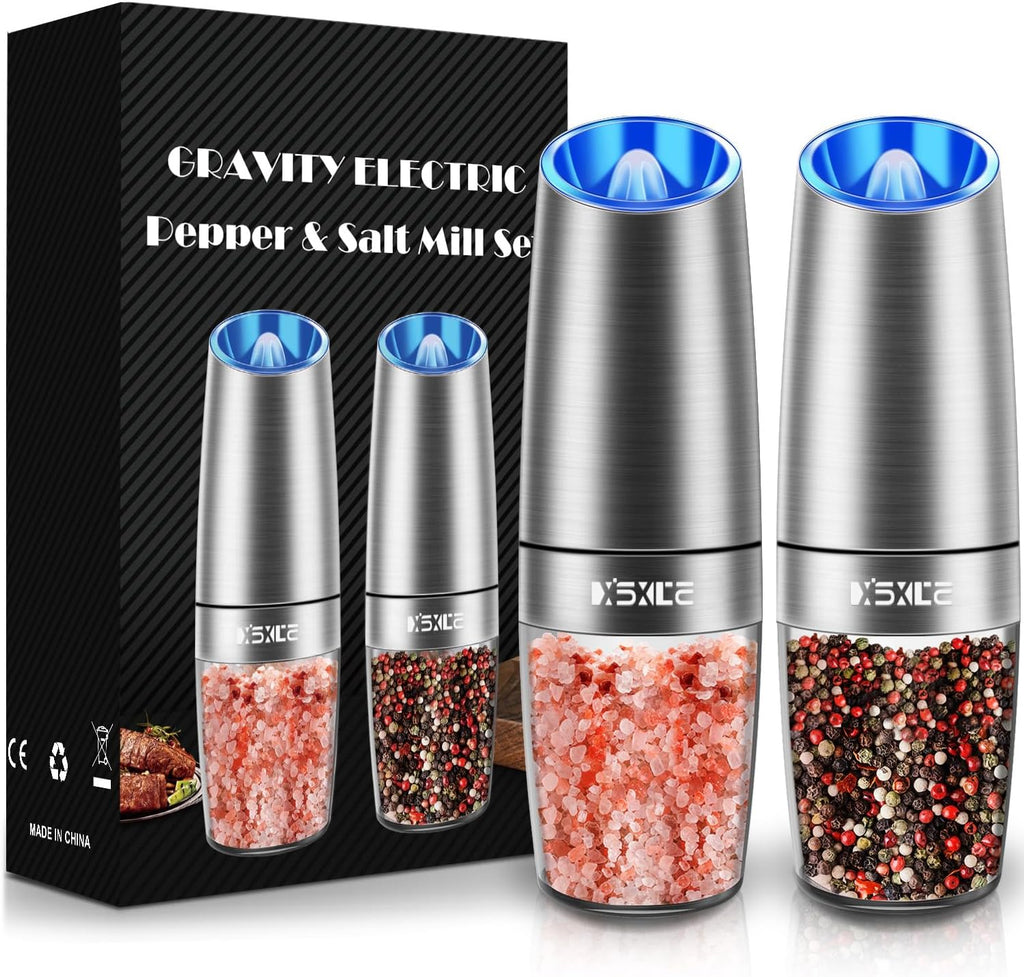 Gravity Electric Pepper and Salt Grinder Set, Salt/Pepper Mill & Adjustable Coarseness, Battery Powered with LED Light, One Hand Automatic Operation, (Set/Silver)