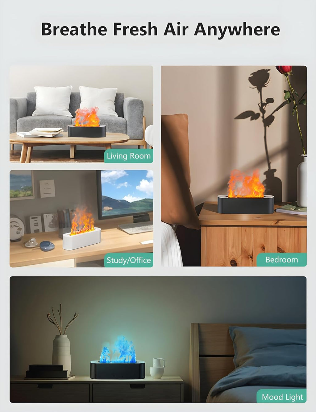 Flame Air Diffuser, Humidifier, Essential Oil Diffuser - 7 Colors, 180Ml Capacity (8 Hours), Noiseless Operation, Auto-Off Protection - Perfect for Home Bedroom Office Gifts(Black)