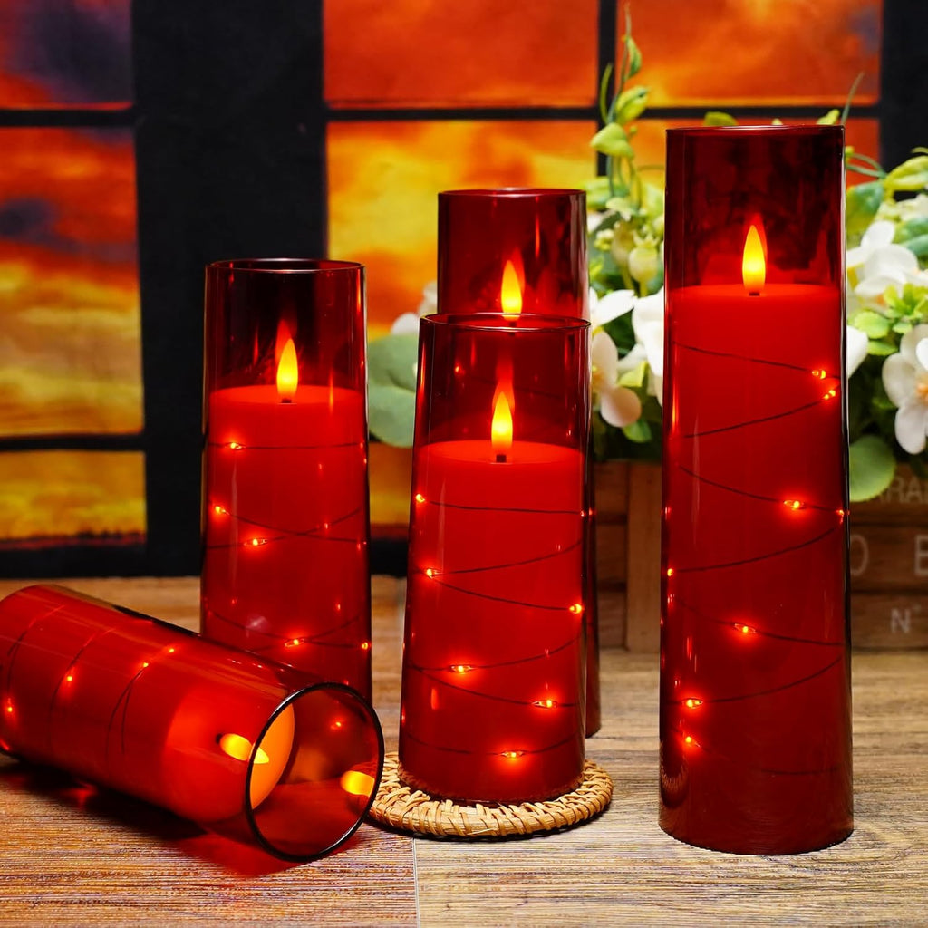 Flameless LED Candles with Timer 5 Pc Flickering Flameless Candles for Romantic Ambiance and Home Decoration Stable Acrylic Shell,With Embedded Star String，Battery Operated Candles（Red）