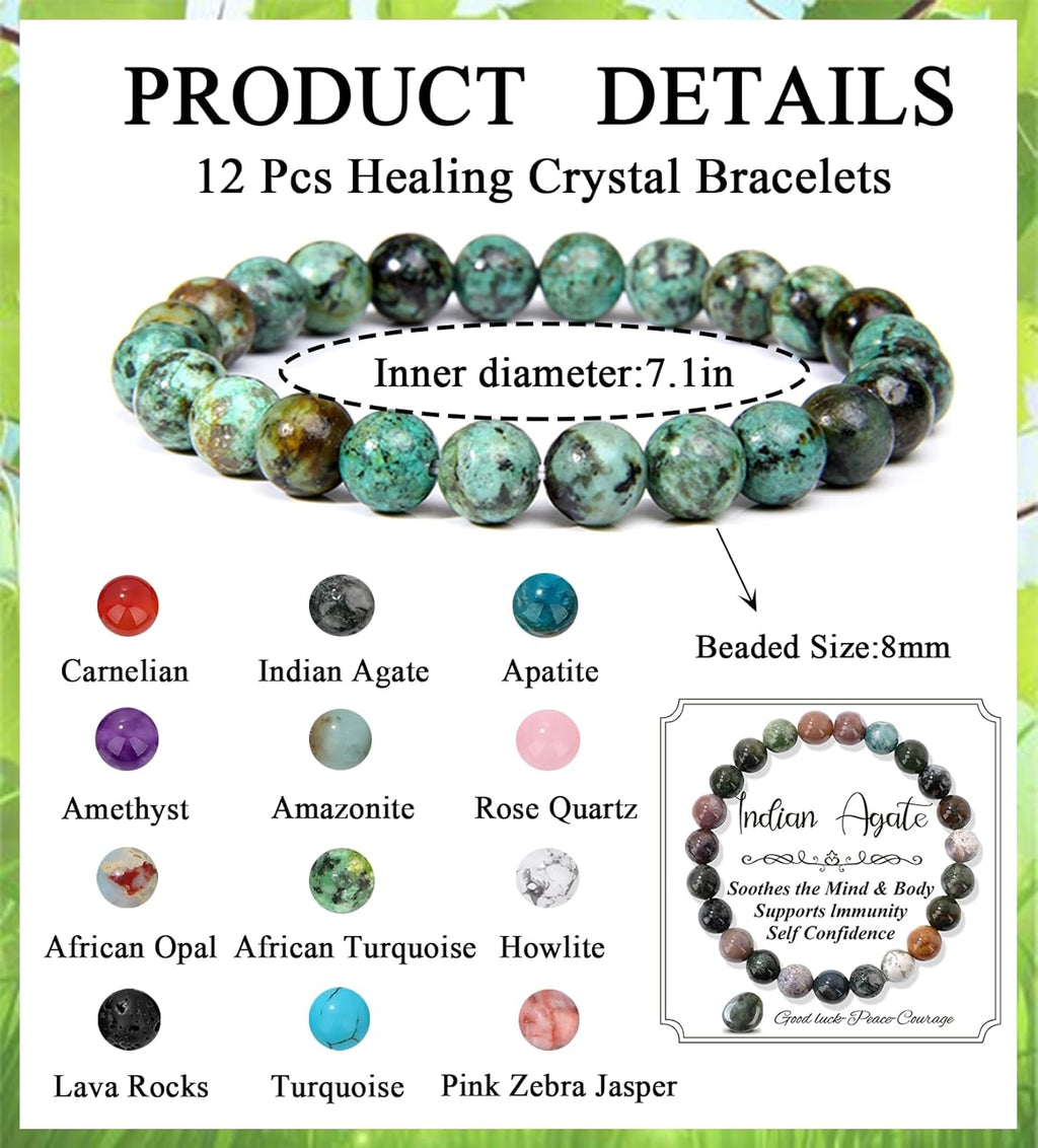 12PCS 8Mm Natural Crystal Bracelets for Women Men Semi-Precious Gemstone Beaded Bracelets round Beads Gemstones Stretch Yoga Bracelet