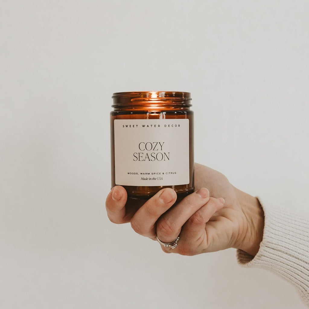Cozy Season Soy Candles - Fall Candles with Woods, Warm Spice, and Citrus Scent for Home Decor - Soy Candle with 40 Hours Burn Time - 9Oz Black Lid Amber Jar Candles Fall Scents