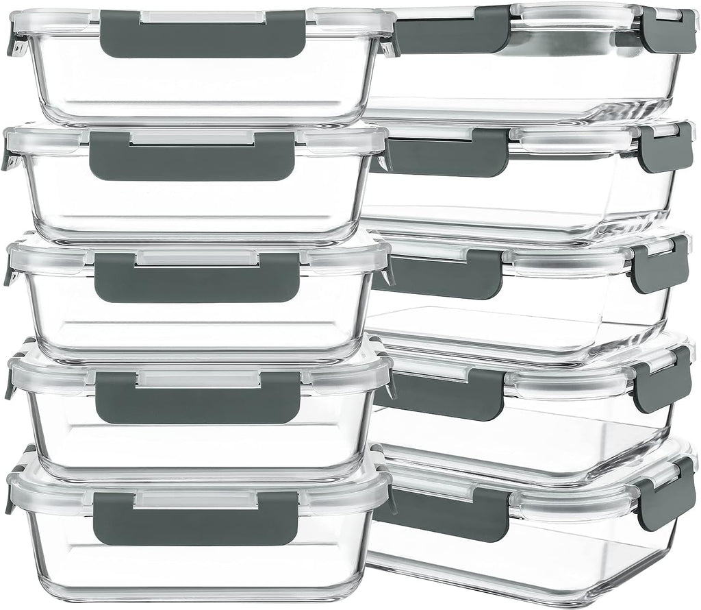 10 Packs 30 Oz Glass Meal Prep Containers,Glass Food Storage Containers with Lids,Airtight Lunch Bento Boxes,Microwave,Freezer and Dishwasher,Gray