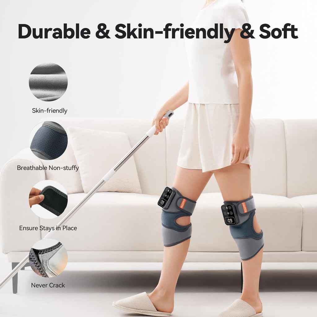 Cordless Knee Massager with Heat Vibration for Pain Relief, Maxwarm 4.0[2025 Upgraded] - Electric Heated Knee Brace with 5 Heat Levels and 3 Massage Mode, Gifts for Men Women (Grey, Pair)