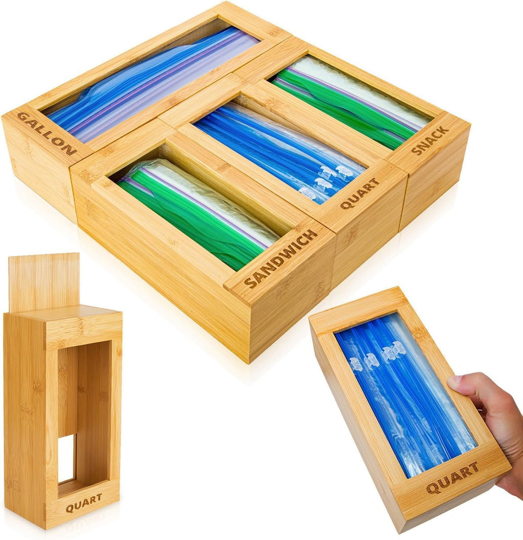 Bag Storage Organizer - Bamboo Food Plastic Baggie Holder, Dispenser, and Container for Kitchen Drawer - Fits Ziplock and Ziploc Gallon, Quart, Sandwich & Snack Sized Slider Bags (Bamboo)