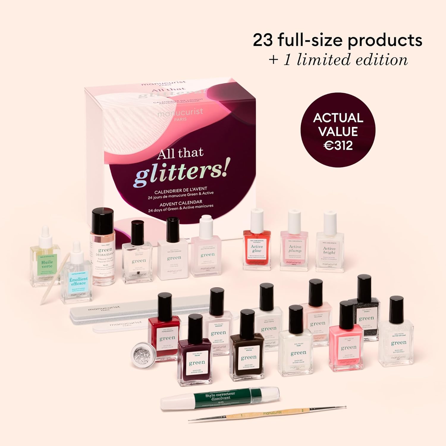 Green & Active Advent Calendar 2025-24 Full Size Products : Green Nail Polish Colors, Active Glow, Nail Care & Accessories - Christmas Gifts for Women - Advent Calendar for Adults