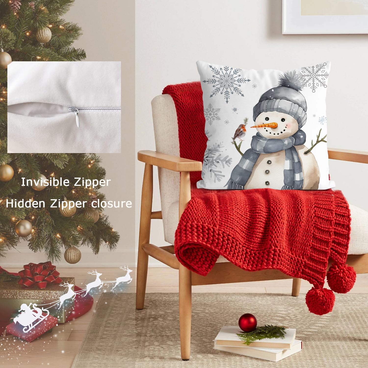 Christmas Pillow Covers 18X18 Inch Set of 4, Decorative Farmhouse Snowman Joy Believe Christmas Tree Grey Pillow Covers for Winter Holiday Home Decor Decoration