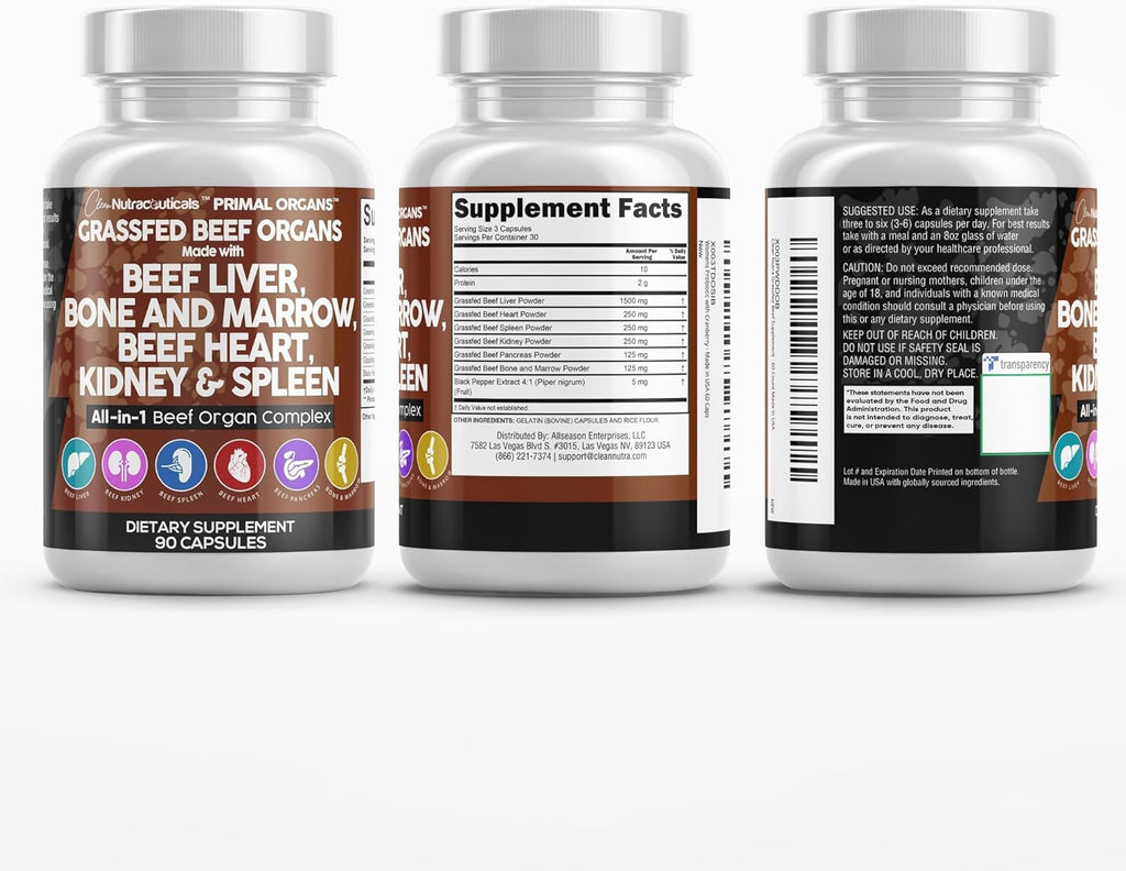 Grass Fed Beef Liver Capsules - Premium Quality Supplement Packed with Desiccated, Beef Heart, Spleen, Pancreas plus Bone & Marrow Dao Enzyme Pills