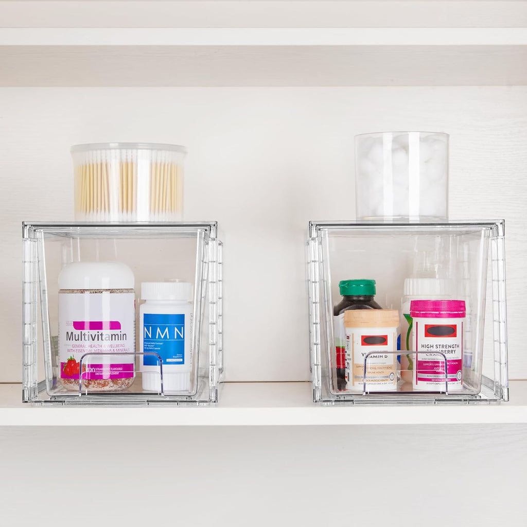 4 Pack Large Stackable Storage Drawers,Easily Assemble Acrylic Bathroom Closet Undersink Organizers and Storage,Plastic Bins for Kitchen Cabinets,Pantry,Makeup,Medicine Organization