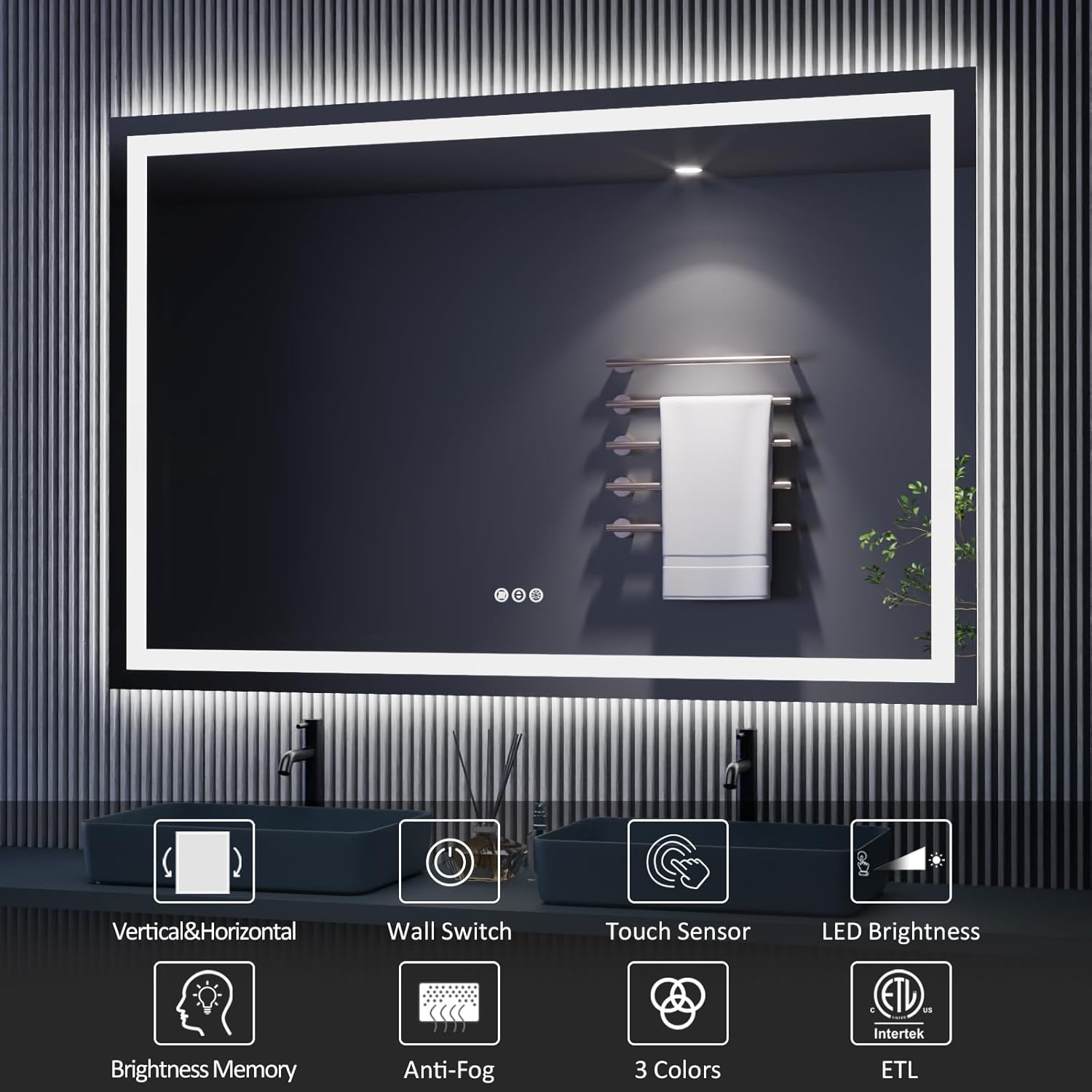 LED Bathroom Mirror 65" X36" with Front and Backlight, Stepless Dimmable Wall Mirrors with Anti-Fog, Shatter-Proof, Memory, 3 Colors, Double LED Vanity Mirror