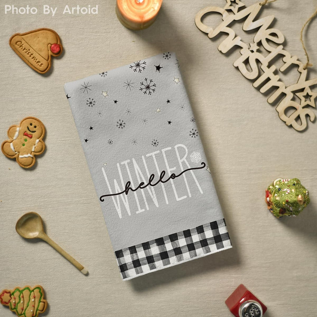 Black White Buffalo Plaid Snowman Xmas Trees Christmas Kitchen Towels Dish Towels, 18X26 Inch Daily Winter Decoration Hand Towels Set of 4