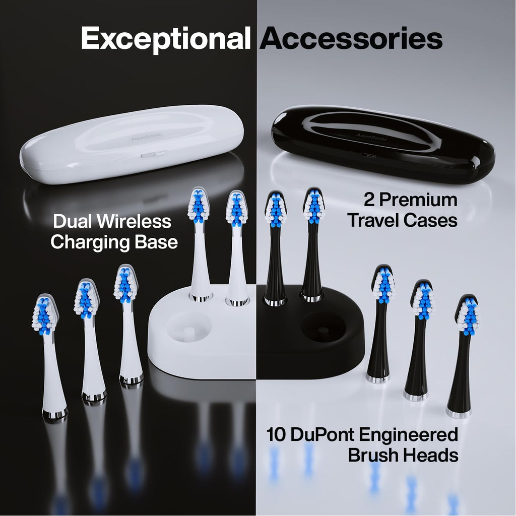 Duo - Dual Handle Ultra Whitening 40,000 VPM Wireless Charging Electric Toothbrushes - 3 Modes with Smart Timers - 10 Dupont Brush Heads & 2 Travel Cases Included