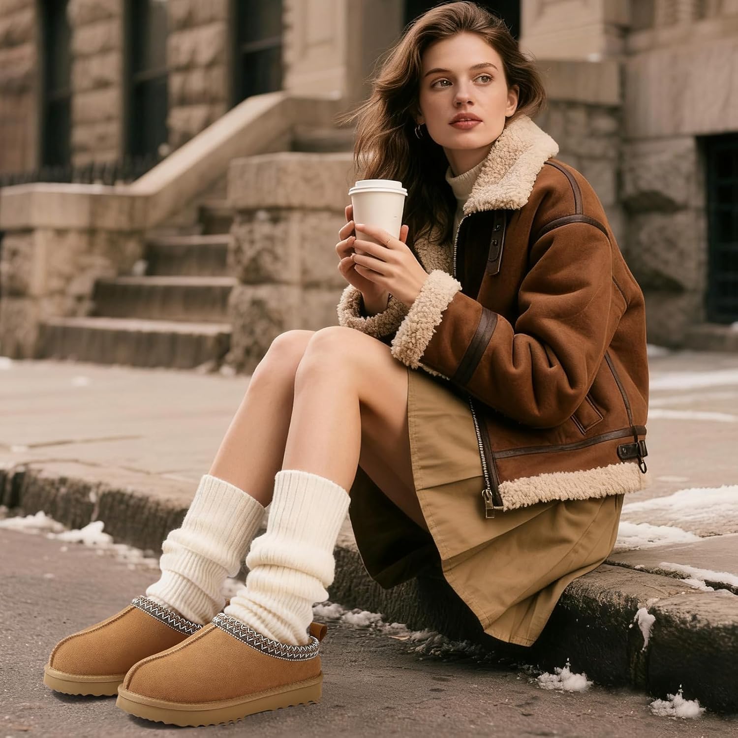 Genuine Suede Fuzzy Slippers for Women Winter Warm House Shoes Cozy Mini Boots for Indoor Outdoor