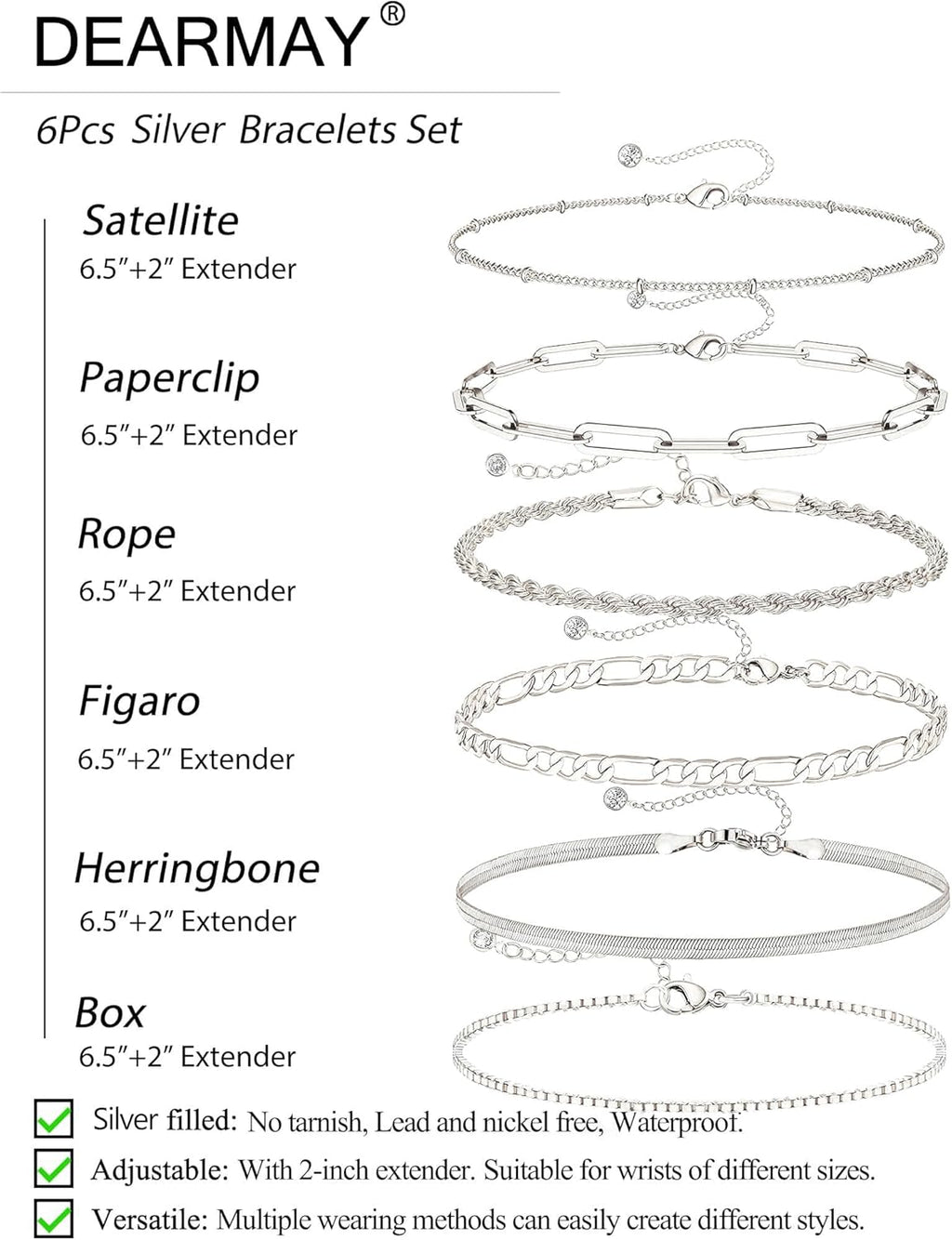 Dainty Silver Plated Bracelets for Women Trendy, Silver Jewelry Set for Women Bracelets for Women Paperclip Box Herringbone Figaro Rope Chain Bracelet Fashion Pack Gifts for Women