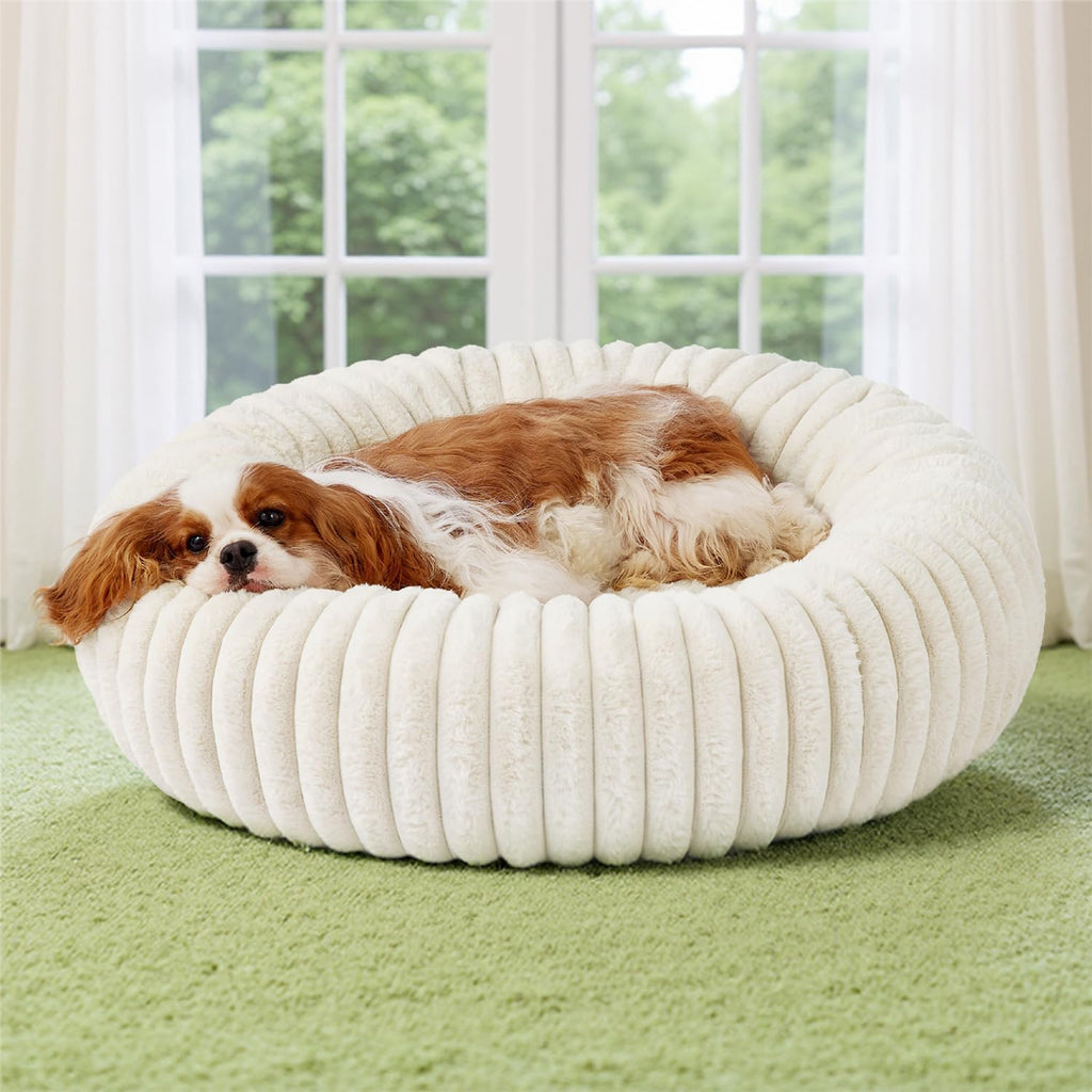 Donut Medium Dog Bed - Washable Faux Fur with Corduroy Fleece & anti Slip Bottom, round Pet Bed with Removable Cover, Cream, 30X30X8 Inches