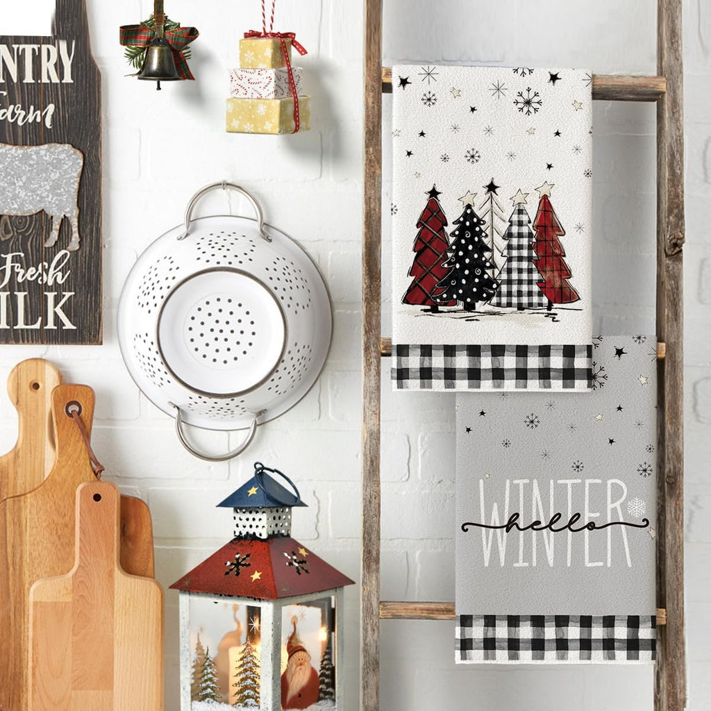 Black White Buffalo Plaid Snowman Xmas Trees Christmas Kitchen Towels Dish Towels, 18X26 Inch Daily Winter Decoration Hand Towels Set of 4