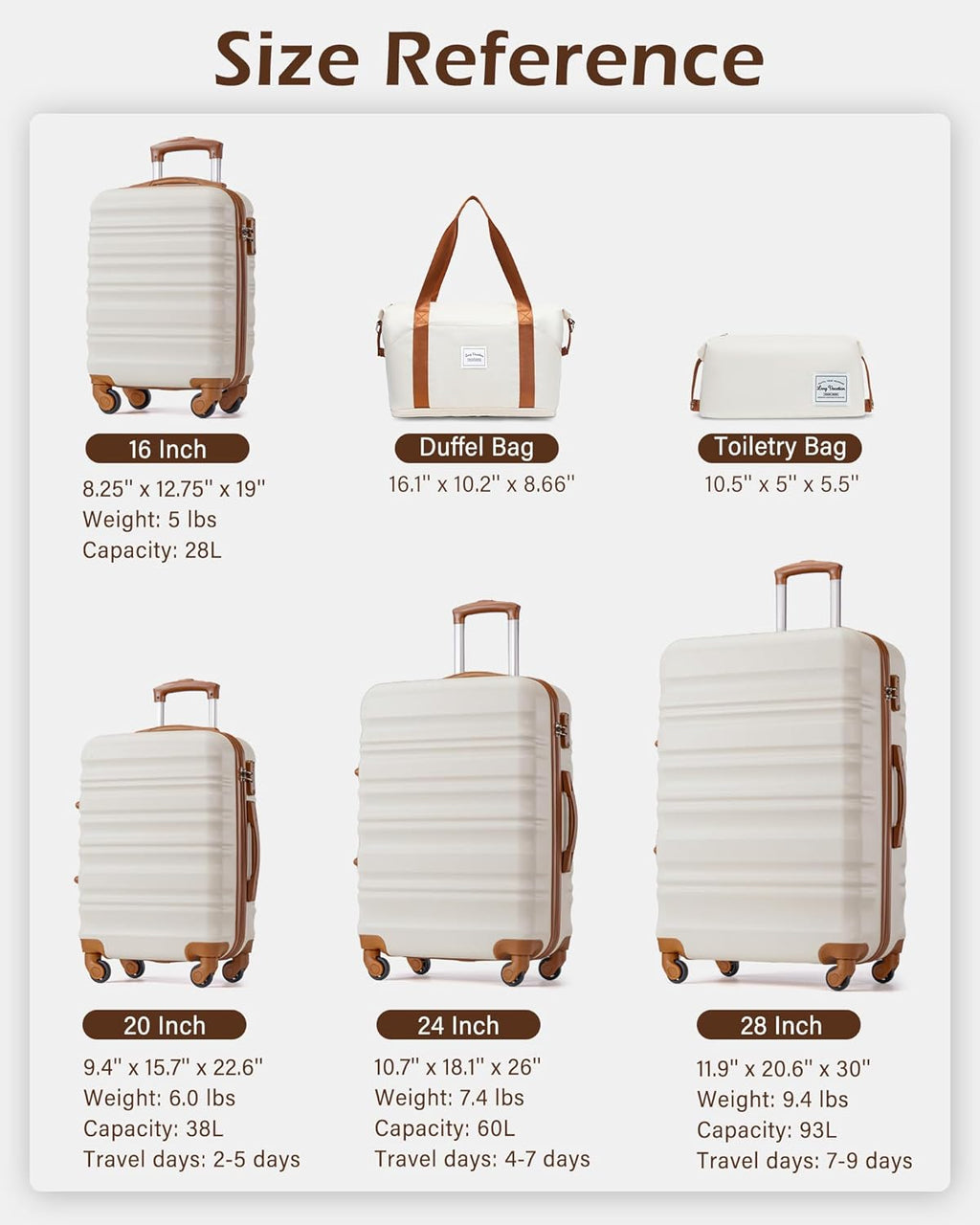 6 Piece Luggage Set Carry on Suitcase with ABS+PC Hardshell, Spinner Wheels & YKK Zipper TSA Lock (WHITE-BROWN, 6 Piece Set)