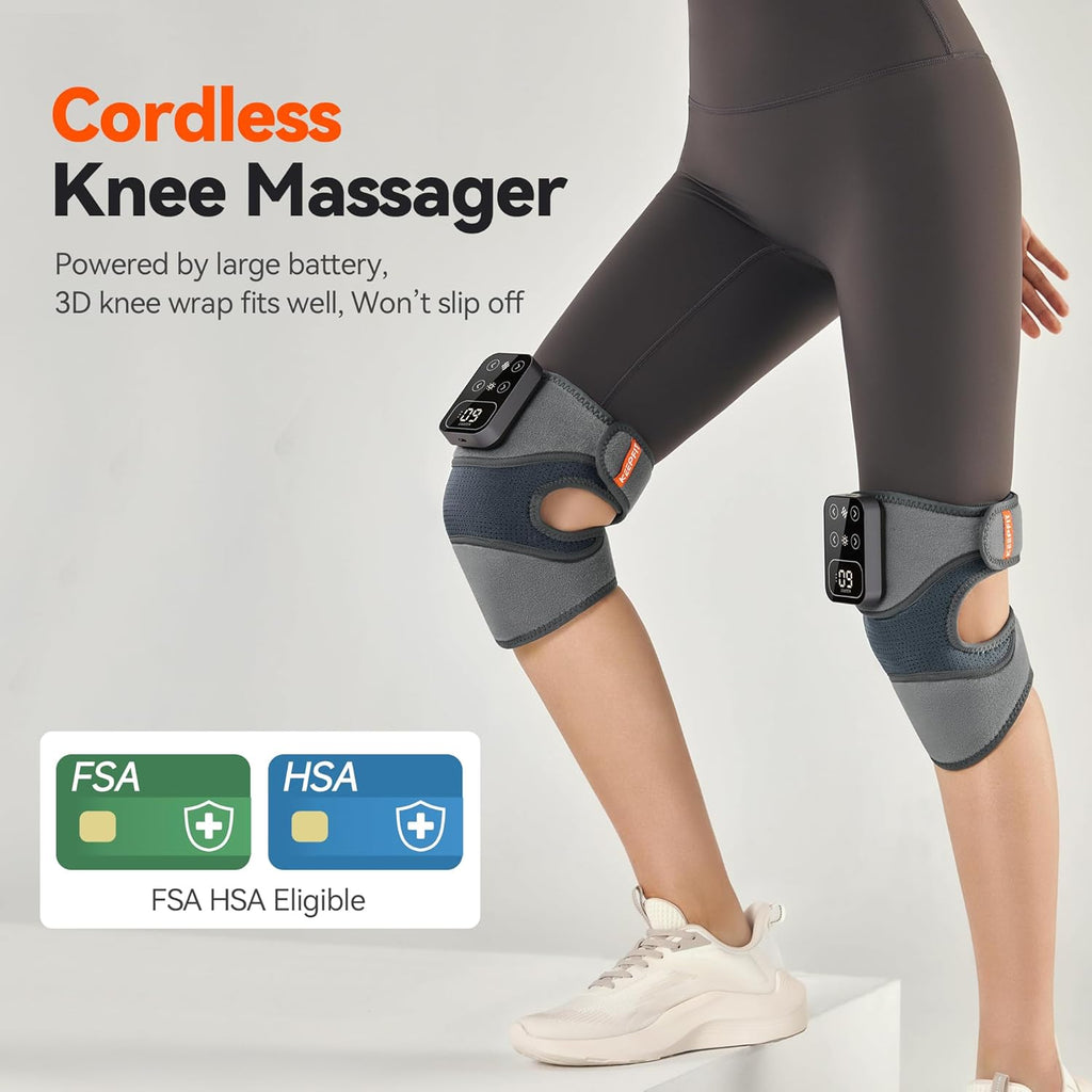 Cordless Knee Massager with Heat Vibration for Pain Relief, Maxwarm 4.0[2025 Upgraded] - Electric Heated Knee Brace with 5 Heat Levels and 3 Massage Mode, Gifts for Men Women (Grey, Pair)