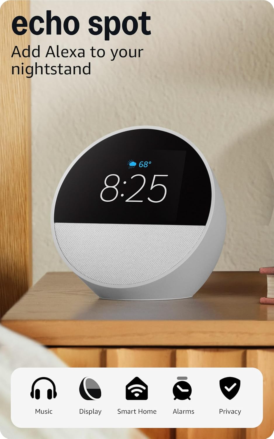 Echo Spot (Newest Model), Great for Nightstands, Offices and Kitchens, Smart Alarm Clock with Alexa, Glacier White