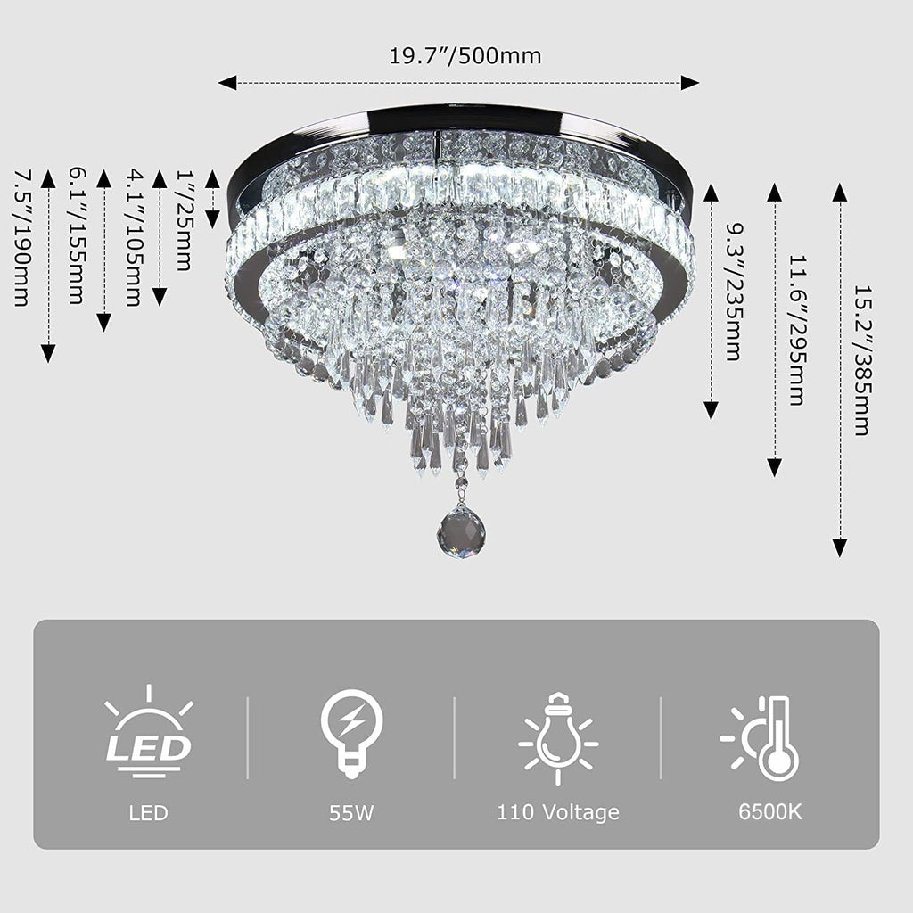 19.7" Crystal Chandeliers Crystal Ceiling Light Fixtures Modern Flush Mount Light LED Chandelier Lamp for Living Room Bedroom Dining Room 6500K Cool White