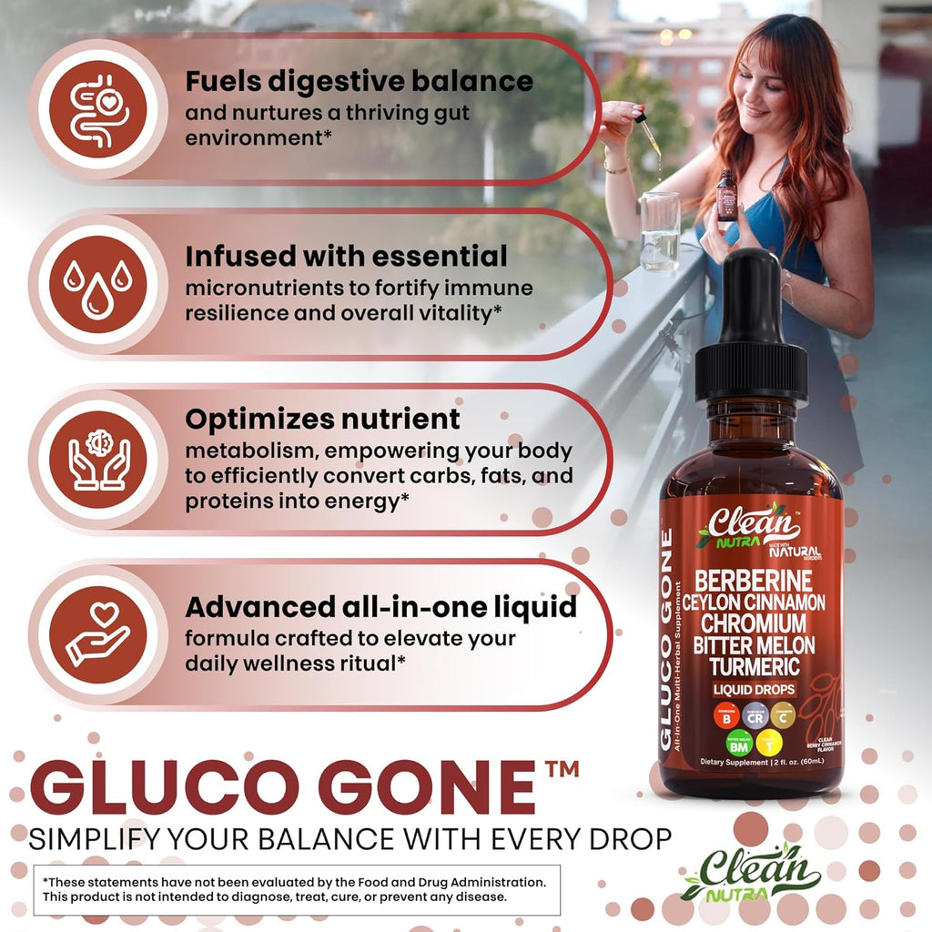Clean Nutra Berberine with Ceylon Cinnamon Supplement Liquid Drops + Bitter Melon Extract, Glucomannan, Gymnema, Chromium, Turmeric, Organic Panax Ginseng, Moringa GLP-1 Support