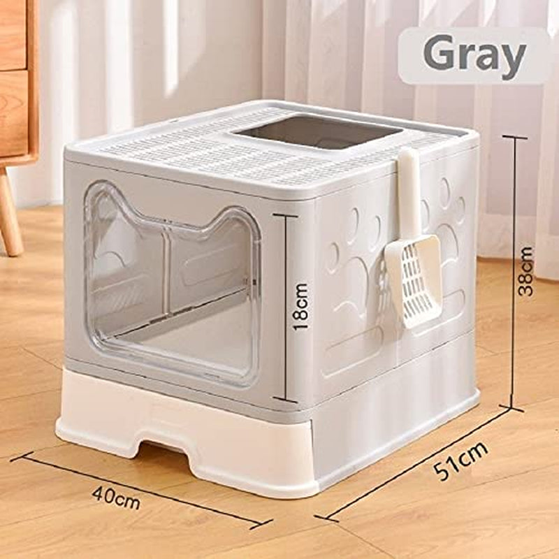 Large Cat Litter Box with Lid, Foldable Cat Litter Box ​With Cat Litter Scoop, Drawer Type Cat Litter Pan Easy to Scoop & Clean, Self Cleaning Cat Litter Box (Gray)
