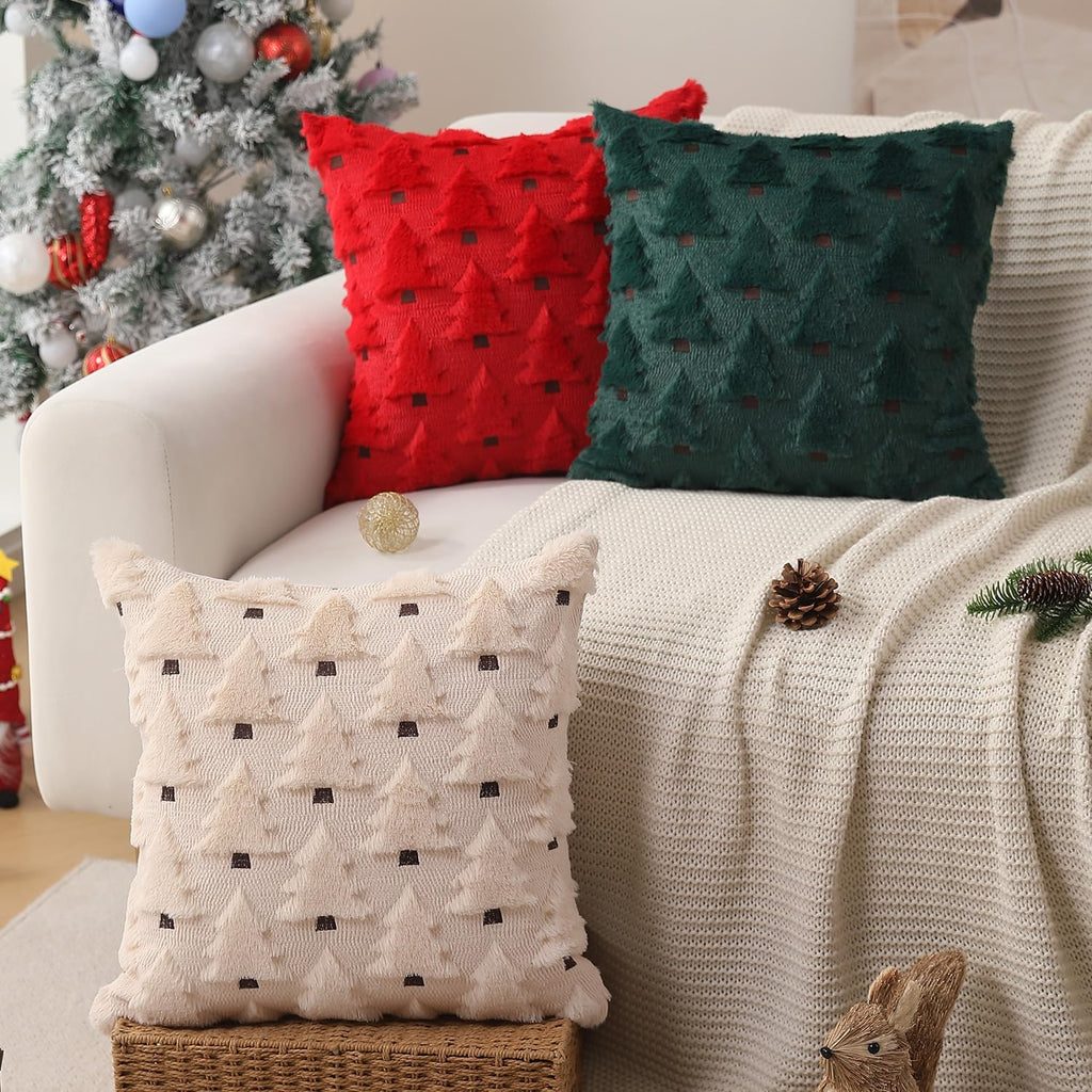 Christmas Pillow Covers 18X18 Inch Set of 2 Xmas Decorations Soft Plush Faux Fur Wool Beige Christmas Tree Throw Pillow Cases Winter Holiday Decor for Sofa Living Room PT-002C18