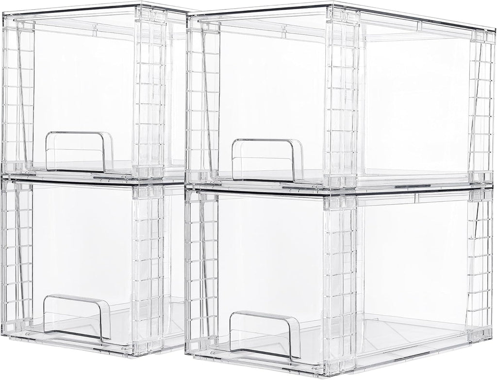4 Pack Large Stackable Storage Drawers,Easily Assemble Acrylic Bathroom Closet Undersink Organizers and Storage,Plastic Bins for Kitchen Cabinets,Pantry,Makeup,Medicine Organization