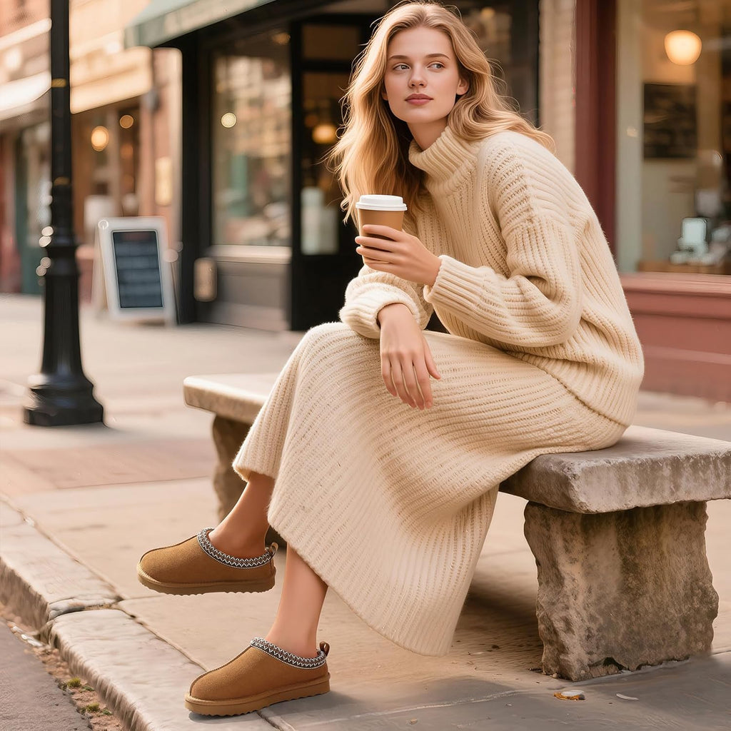 Genuine Suede Fuzzy Slippers for Women Winter Warm House Shoes Cozy Mini Boots for Indoor Outdoor