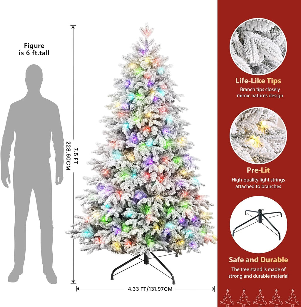 7.5Ft Flocked Cedar Christmas Tree Prelit with Remote Control, RGB & Warm White Lights, Modern Luxury Design with Full Flocked Snowy Branches for Home, Office, Party Decor, 7.5 FT