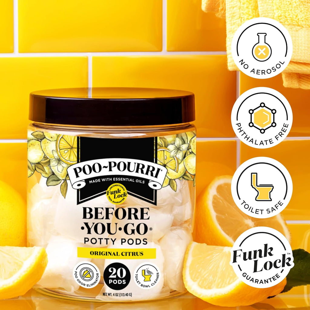 Before-You-Go 2-In-1 Toilet Potty Pods, Original Citrus, 20 Ct, Bathroom Odor Deodorizer and Toilet Cleaner with Essential Oils, Lemon, Bergamot and Lemongrass Scent