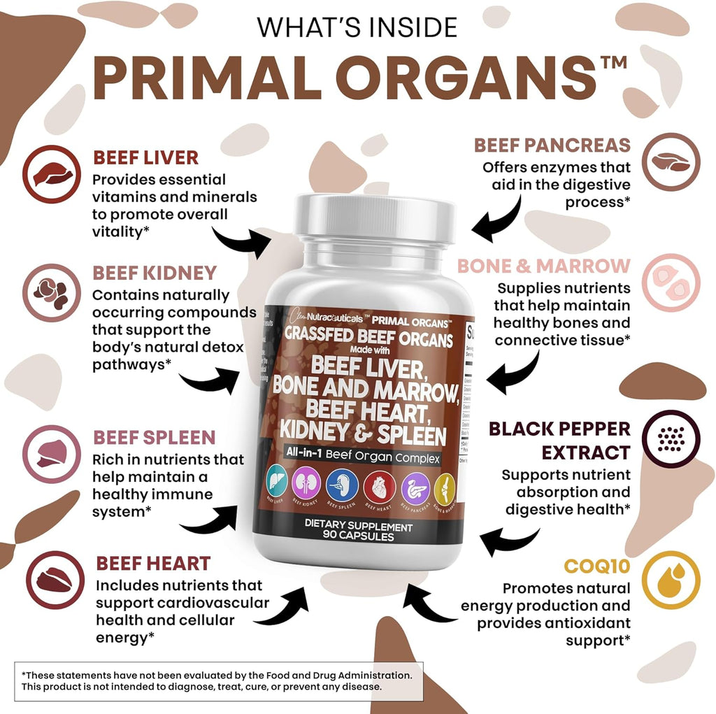 Grass Fed Beef Liver Capsules - Premium Quality Supplement Packed with Desiccated, Beef Heart, Spleen, Pancreas plus Bone & Marrow Dao Enzyme Pills