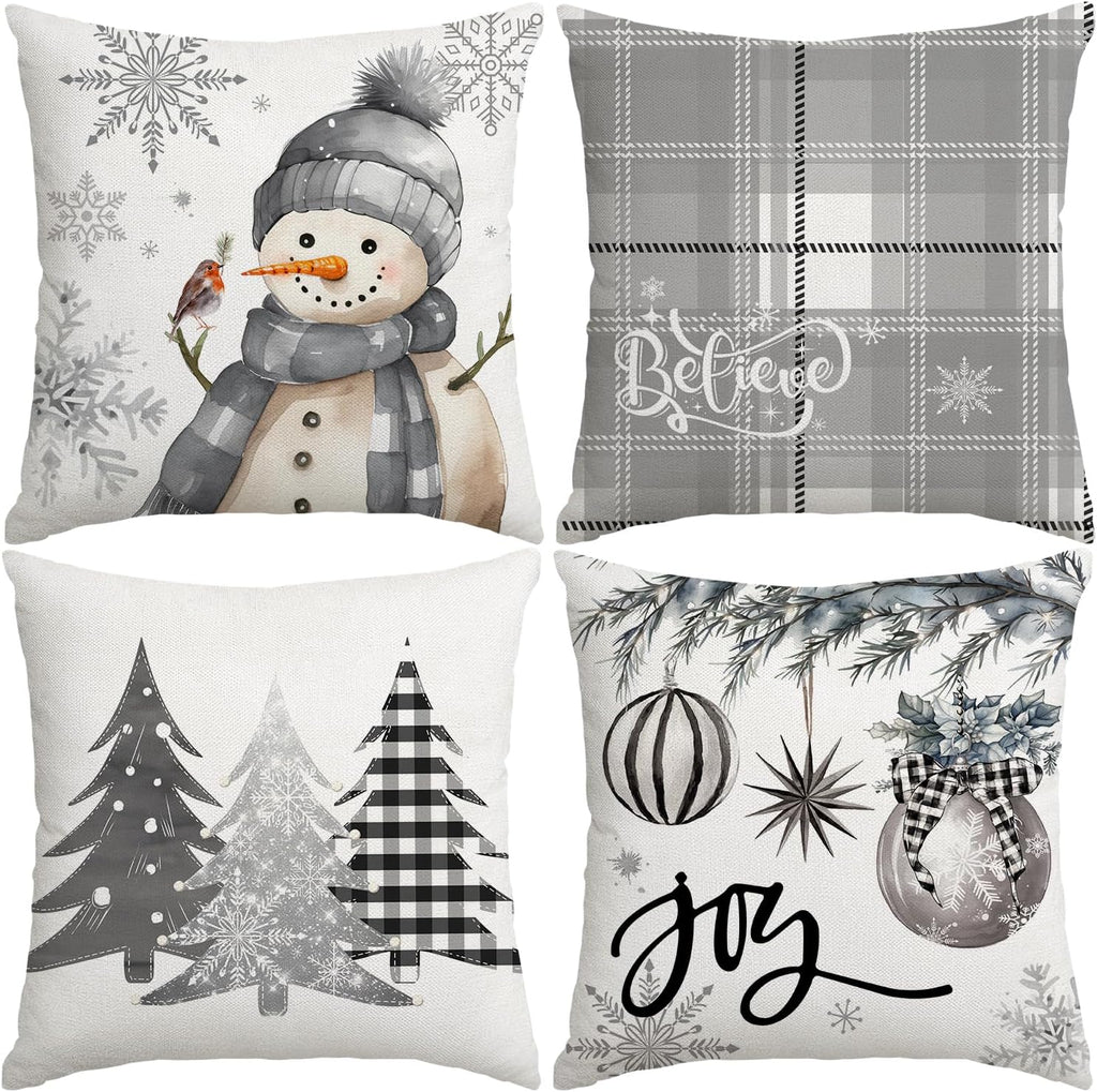 Christmas Pillow Covers 18X18 Inch Set of 4, Decorative Farmhouse Snowman Joy Believe Christmas Tree Grey Pillow Covers for Winter Holiday Home Decor Decoration