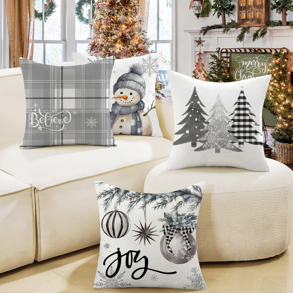 Christmas Pillow Covers 18X18 Inch Set of 4, Decorative Farmhouse Snowman Joy Believe Christmas Tree Grey Pillow Covers for Winter Holiday Home Decor Decoration