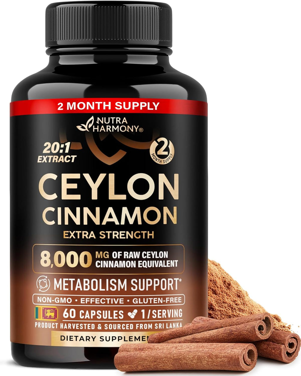 Ceylon Cinnamon Capsules - Extra Strength - Energy Heart & Metabolism Support for Men & Women - Pure Natural Cinnamon 20:1 Extract Supplement - GMO & Gluten Free - Made in USA - 60 Capsules 2 Month