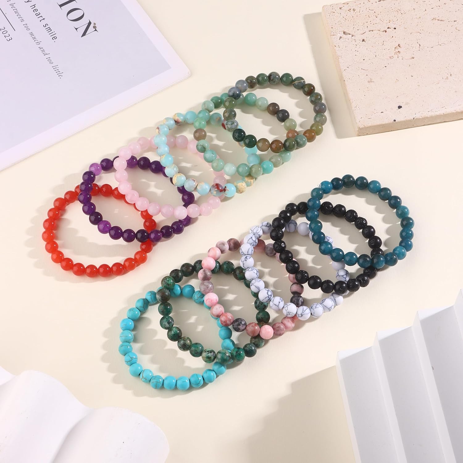 12PCS 8Mm Natural Crystal Bracelets for Women Men Semi-Precious Gemstone Beaded Bracelets round Beads Gemstones Stretch Yoga Bracelet