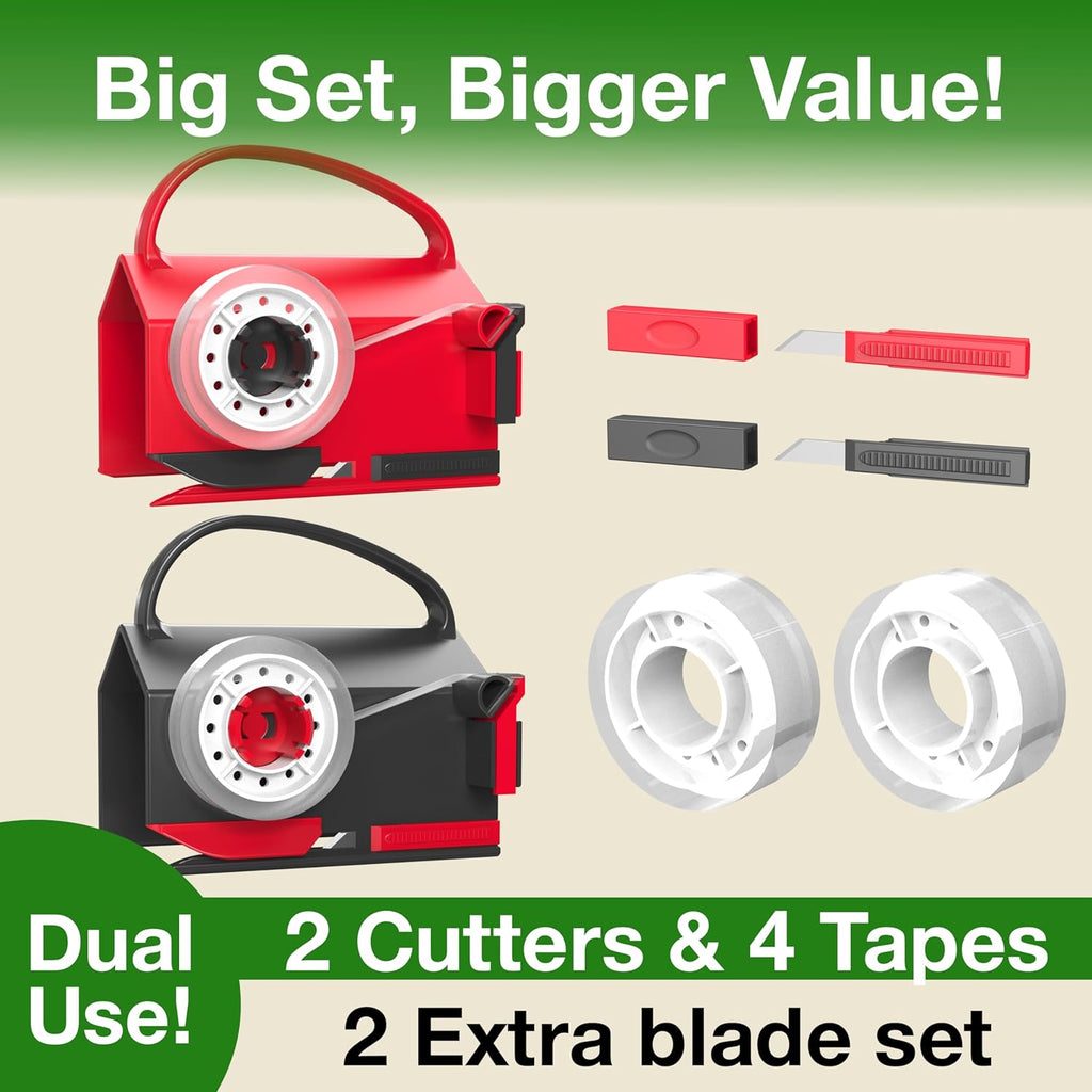 (2-Pack) Wrapping Paper Cutter & Tape Dispenser Dual Use with 4 Tapes，2 Replace Blades Kit for Christmas Gift Wrap Cutter Tool Paper Roll Holder Tube Sliding Slicing for Birthday Holiday.