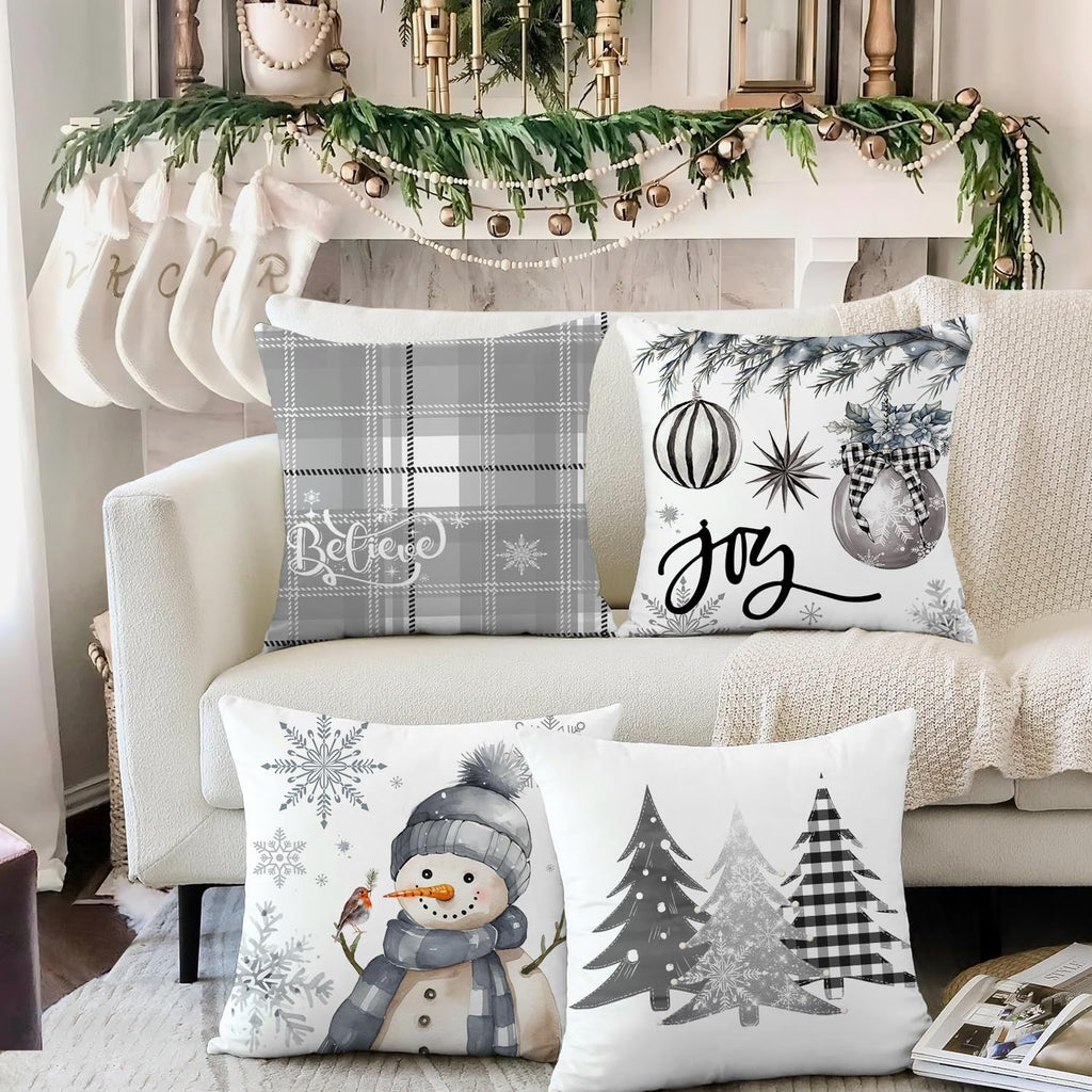 Christmas Pillow Covers 18X18 Inch Set of 4, Decorative Farmhouse Snowman Joy Believe Christmas Tree Grey Pillow Covers for Winter Holiday Home Decor Decoration