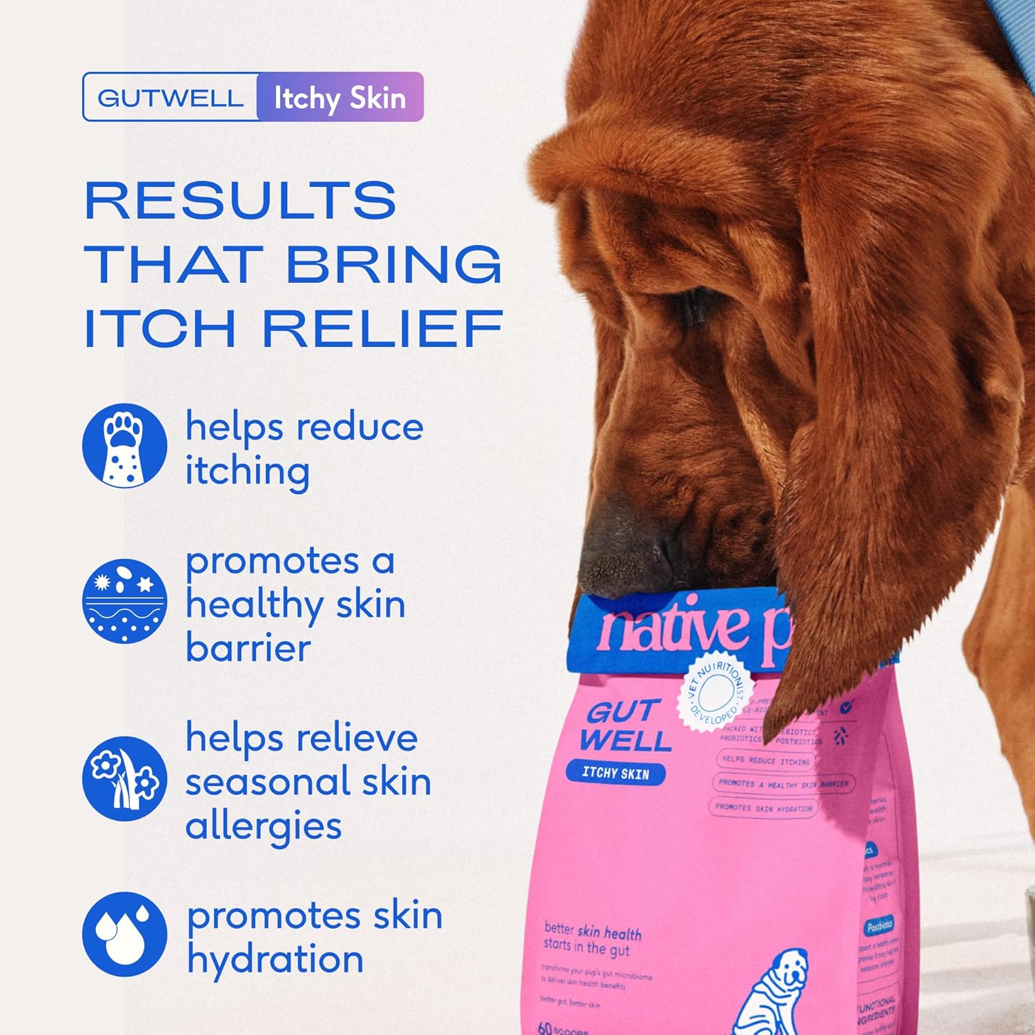 Gutwell Itchy Skin - Dog Itching Skin Relief & Seasonal Allergy Itch Relief for Dogs - Promotes Skin Hydration, Elasticity & Healthy Barrier with Triple-Biotic Blend, Zinc, & Vitamin E - 60 Scoops