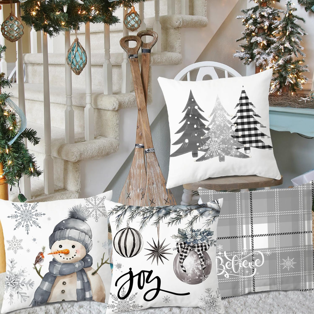 Christmas Pillow Covers 18X18 Inch Set of 4, Decorative Farmhouse Snowman Joy Believe Christmas Tree Grey Pillow Covers for Winter Holiday Home Decor Decoration