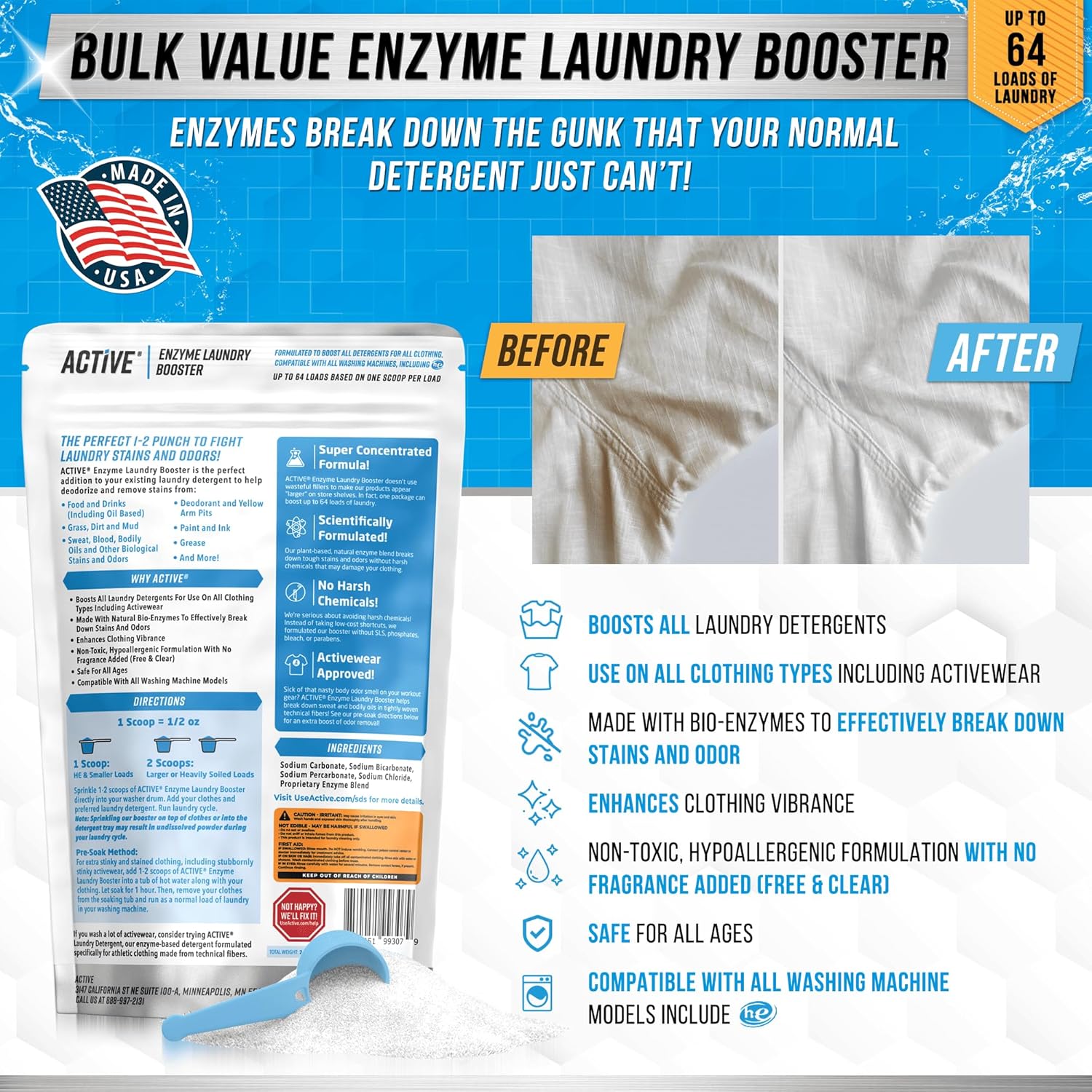 Enzyme Laundry Booster Odor Remover - 2 Lbs Unscented Enzymatic Clothes Stain Cleaner Powder, Natural Deodorizer with Bio  Enzymes, Detergent Additive Eliminator for Sweat, Oil, Blood - 64 Loads