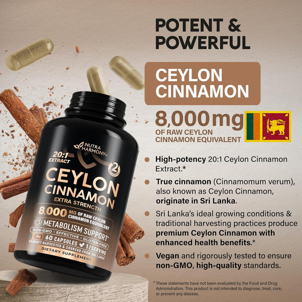 Ceylon Cinnamon Capsules - Extra Strength - Energy Heart & Metabolism Support for Men & Women - Pure Natural Cinnamon 20:1 Extract Supplement - GMO & Gluten Free - Made in USA - 60 Capsules 2 Month