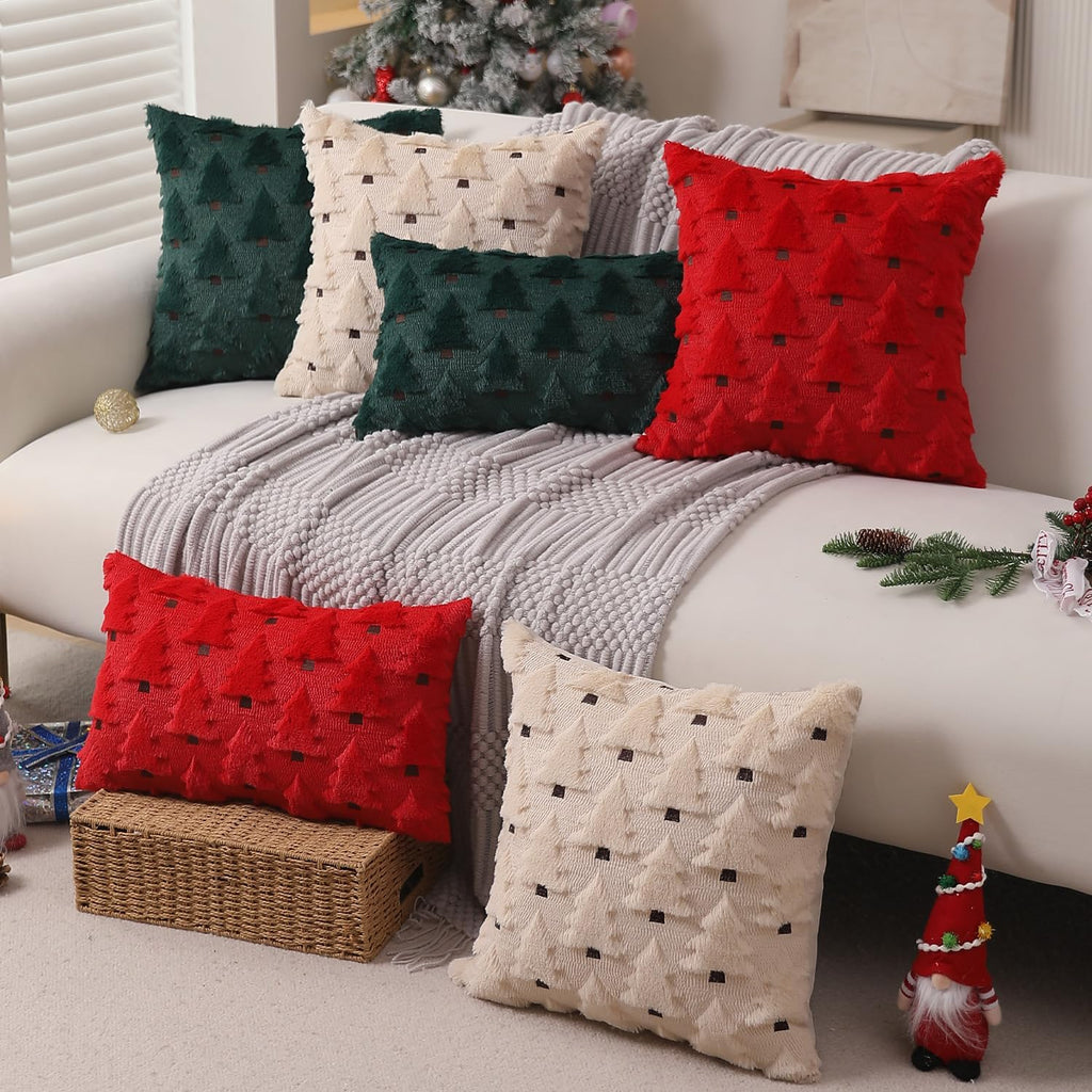 Christmas Pillow Covers 18X18 Inch Set of 2 Xmas Decorations Soft Plush Faux Fur Wool Beige Christmas Tree Throw Pillow Cases Winter Holiday Decor for Sofa Living Room PT-002C18