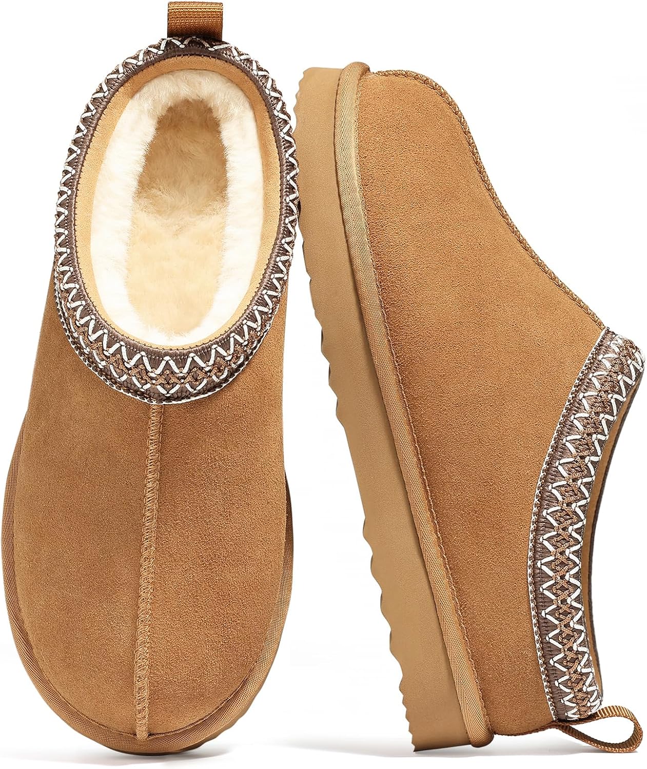 Genuine Suede Fuzzy Slippers for Women Winter Warm House Shoes Cozy Mini Boots for Indoor Outdoor