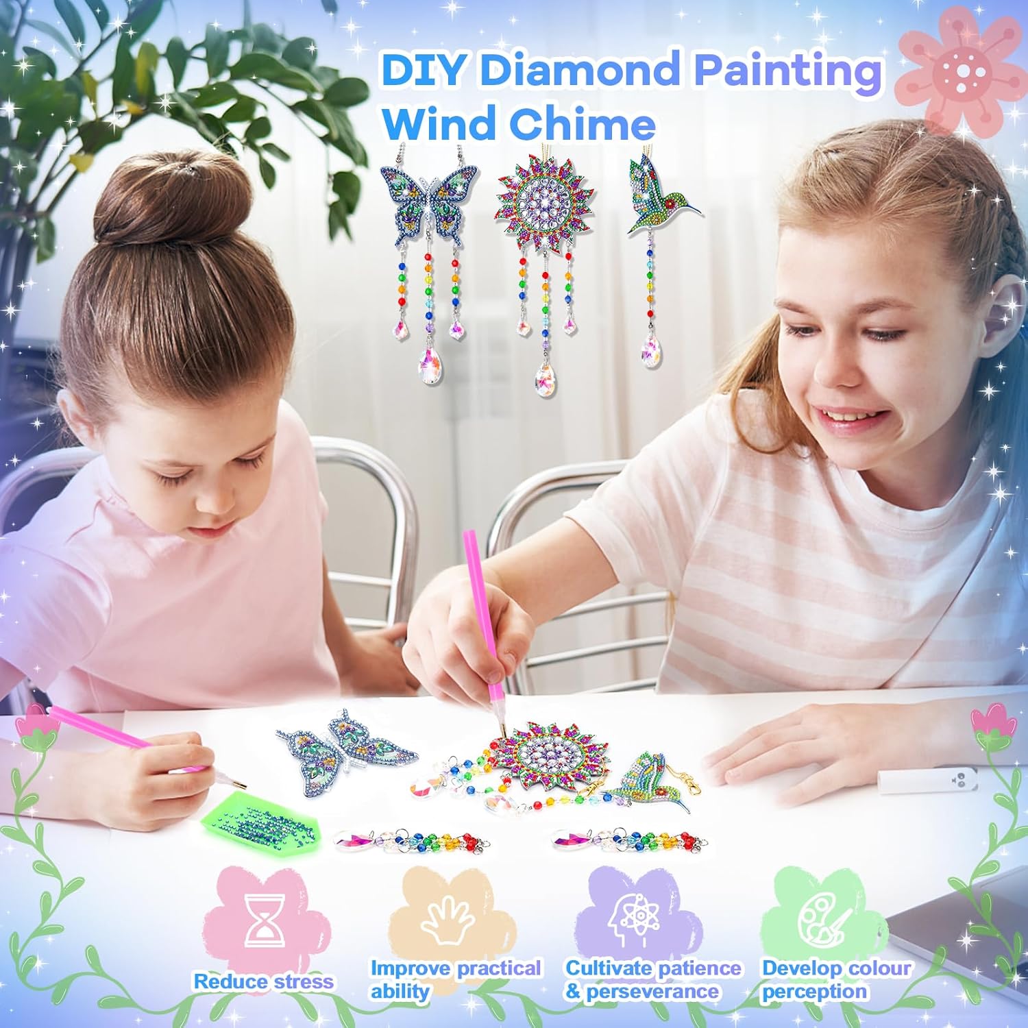 Diamond Art Kits for Kids Ages 6-12: Birthday Gifts for 7 8 9 10 Year Old Girls Teens Creative Arts & Crafts for Girls Boys DIY Wind Chime & Suncatcher Craft Kit Crystal Window Garden Decor Kit
