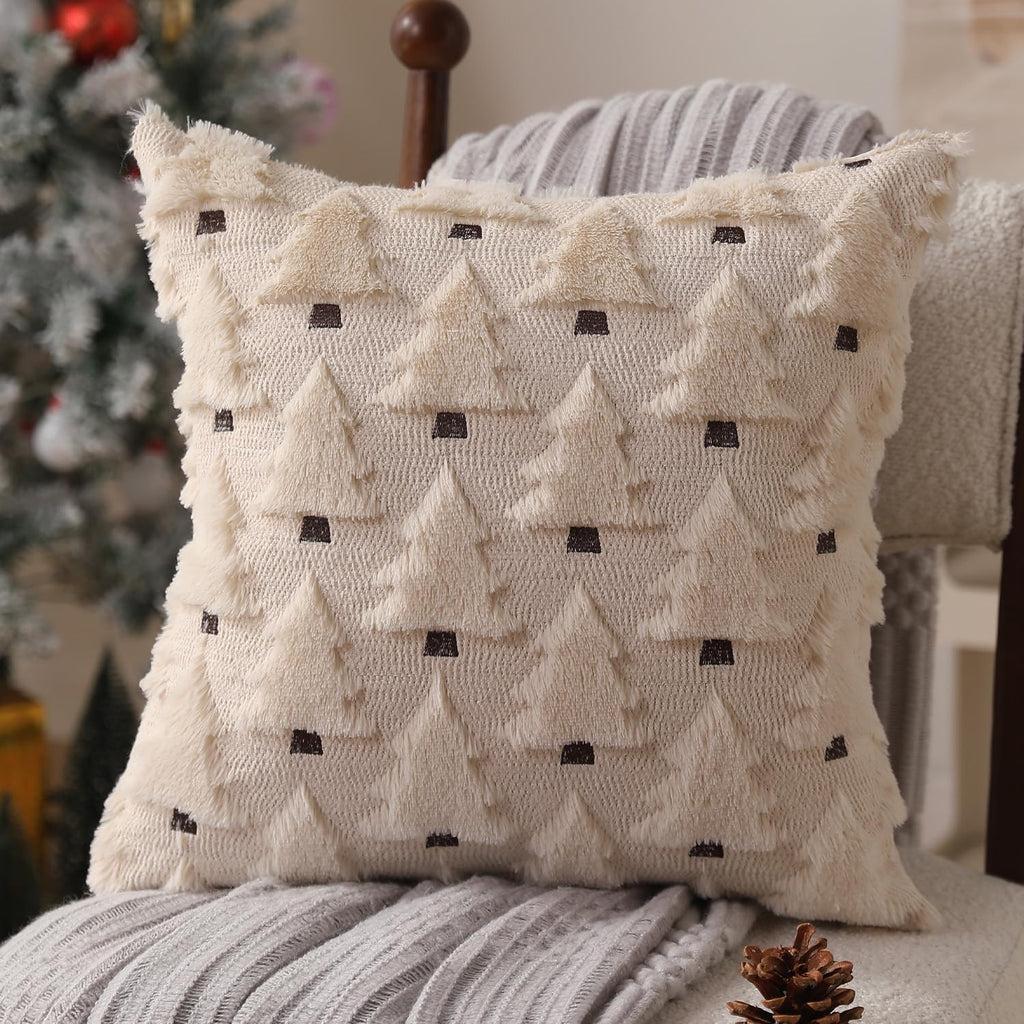 Christmas Pillow Covers 18X18 Inch Set of 2 Xmas Decorations Soft Plush Faux Fur Wool Beige Christmas Tree Throw Pillow Cases Winter Holiday Decor for Sofa Living Room PT-002C18