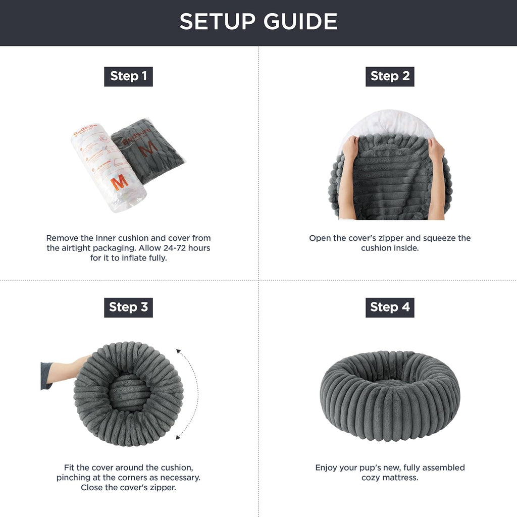 Donut Medium Dog Bed - Washable Faux Fur with Corduroy Fleece & anti Slip Bottom, round Pet Bed with Removable Cover, Cream, 30X30X8 Inches