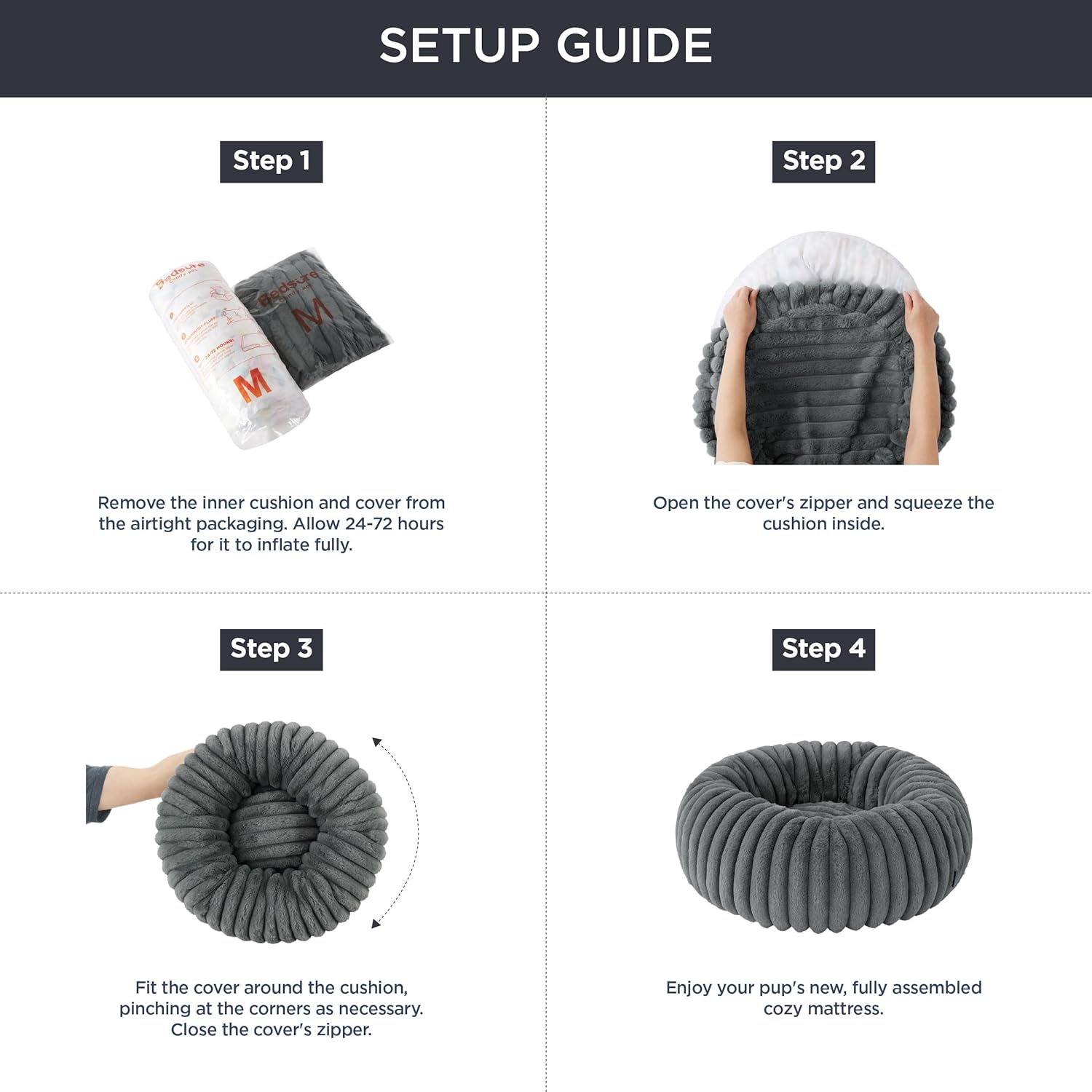 Donut Medium Dog Bed - Washable Faux Fur with Corduroy Fleece & anti Slip Bottom, round Pet Bed with Removable Cover, Cream, 30X30X8 Inches