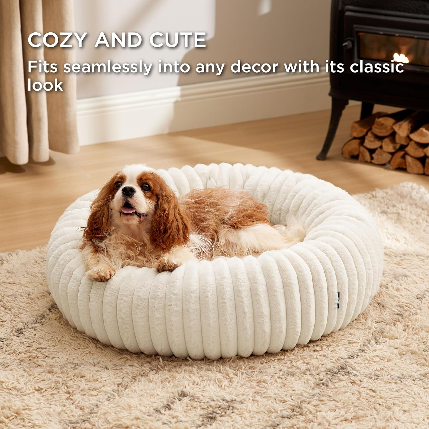 Donut Medium Dog Bed - Washable Faux Fur with Corduroy Fleece & anti Slip Bottom, round Pet Bed with Removable Cover, Cream, 30X30X8 Inches