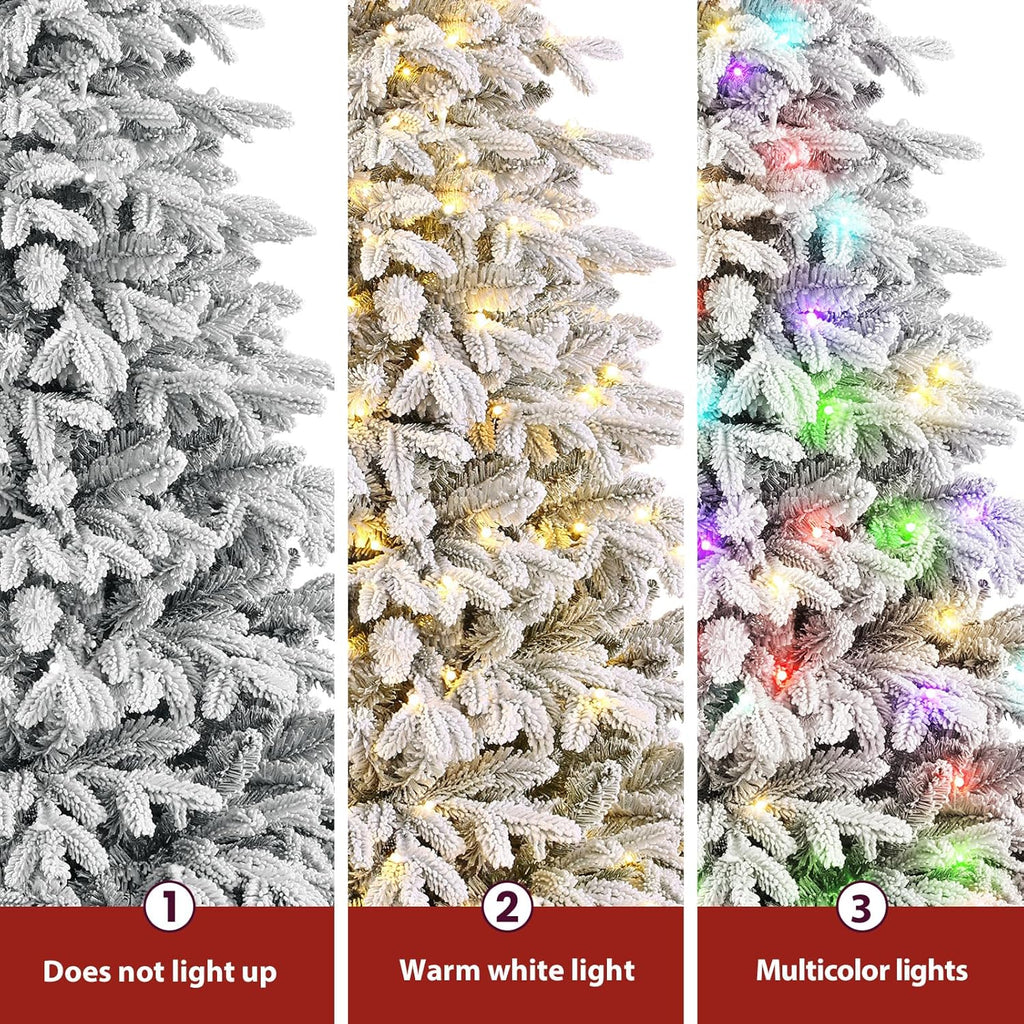 7.5Ft Flocked Cedar Christmas Tree Prelit with Remote Control, RGB & Warm White Lights, Modern Luxury Design with Full Flocked Snowy Branches for Home, Office, Party Decor, 7.5 FT