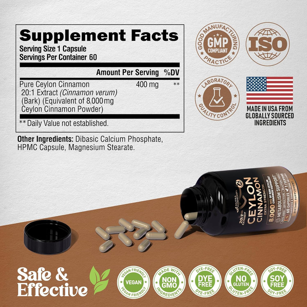 Ceylon Cinnamon Capsules - Extra Strength - Energy Heart & Metabolism Support for Men & Women - Pure Natural Cinnamon 20:1 Extract Supplement - GMO & Gluten Free - Made in USA - 60 Capsules 2 Month